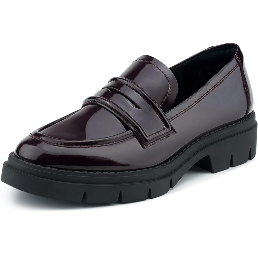 NEW!JENN ARDOR Chunky Penny Loafers Slip On Lug Sole Patent Leather Burgundy 8.5